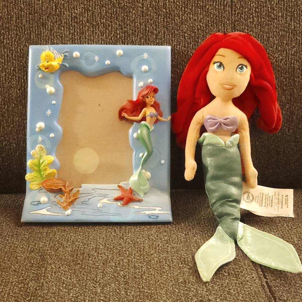 Disney Ariel The Little Mermaid picture frame and 8" plush doll bundle
